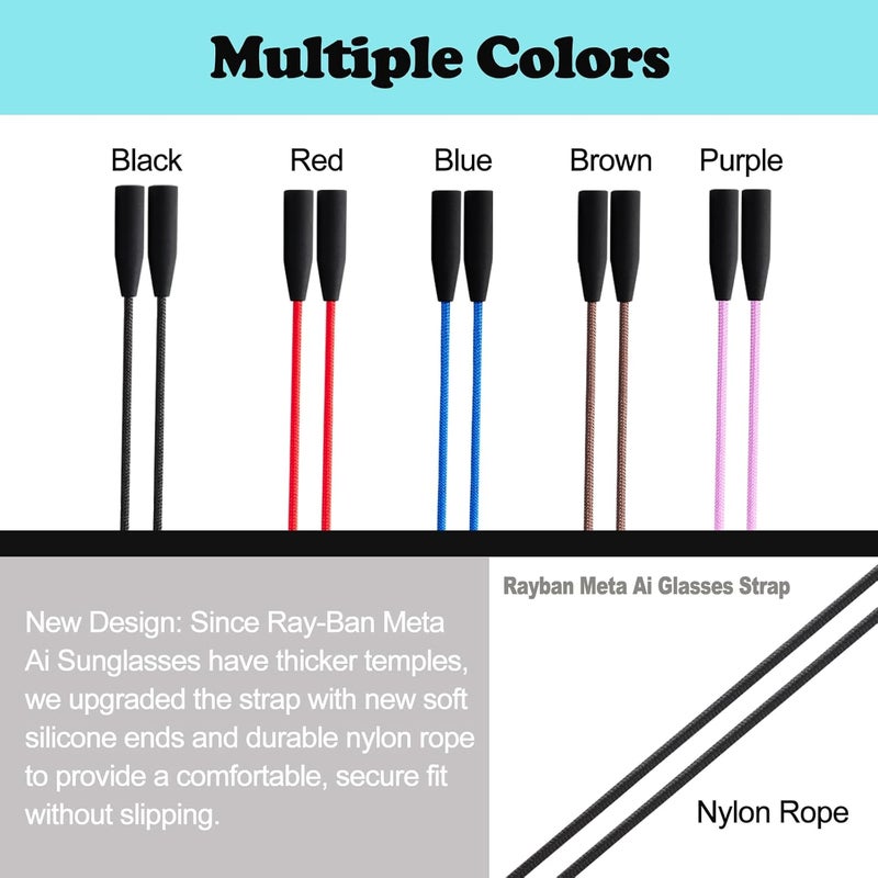 TBATAIL Glasses Strap for Ray-Ban Meta and Wide Frame Glasses –Adjustable Sunglasses Straps Cords for Men Women kids-Eye Glasses Holders, Eyewear Retainer Accessories-3pcs 14in Black/Brown/Blue - Image 2